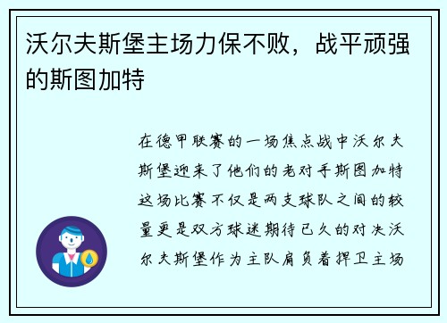 沃尔夫斯堡主场力保不败，战平顽强的斯图加特
